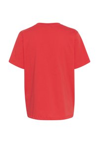 Red cotton t-shirt, short sleeves, crew neck, plain design, relaxed fit, smooth texture, no visible logos or patterns on the back.