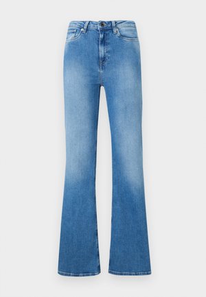 Jeans a zampa d'elefante di colore azzurro chiaro realizzati in denim. Presentano un classico design a cinque tasche, chiusura con bottone e una finitura sbiadita verso il fondo.