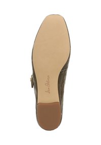 Semelle de chaussure vert olive avec une finition lisse et mate. Présente une forme arrondie, des accents beiges et une marque gravée au fond.