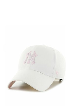 White baseball cap made of cotton with a curved brim. Features a pink embroidered logo on the front and a small pink tag on the side.