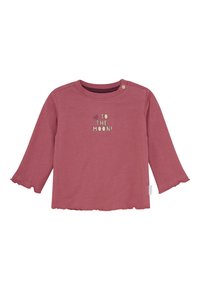 Langärmliges Shirt für Kleinkinder in staubigem Rosé mit Rüschenrand und dem Aufdruck "To the Moon!" sowie einem Herzgrafik auf der Vorderseite.