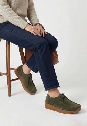 Person iført olivengrønne ruskindssko og mørkeblå jeans, siddende på en træskammel med en brun lædertaske i nærheden.