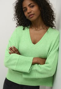 Grüner, gestrickter V-Ausschnitt-Pullover mit gerippten Bündchen und Saum, mit lässigen Ärmeln. Modell mit lockigem Haar posiert vor einer weißen Wand.