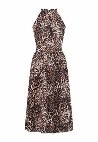 Robe midi sans manches à col halter avec taille cintrée, présentant un motif léopard marron et noir sur tissu fluide.