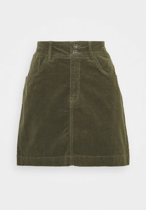 Olivengrøn velour A-formet nederdel med to forlommer, bæltestropper og dobbelt sølvknaplukning i taljen.