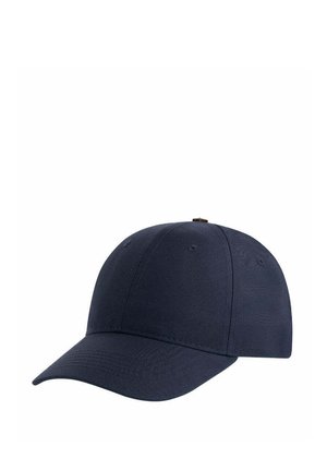 Marineblaue Baseballkappe mit gebogenem Schirm und sechsteiliger Konstruktion, mit kleinen Belüftungslöchern an jedem Panel.