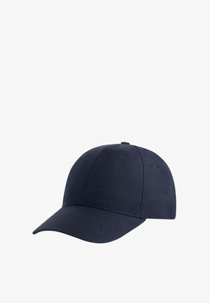 Navy blue baseball cap with curved brim and six-panel construction, featuring small ventilation holes on each panel.