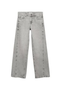 Ljusgrå denimjeans med vidbenad design, som har standard midjeband, bältesögglor och bakfickor. Slät textur med minimal slitning.