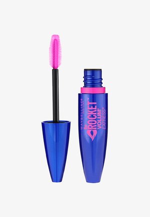 Blauwe en roze Maybelline Rocket Volum' Express mascara met een open zwarte wimperborstel die een roze siliconen borstel met korte haren toont.