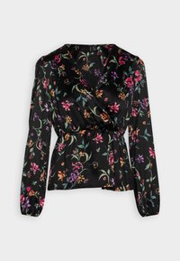 Blouse portefeuille noire en tissu doux, ornée de motifs floraux colorés en rose, violet et vert. Manches longues avec poignets froncés.