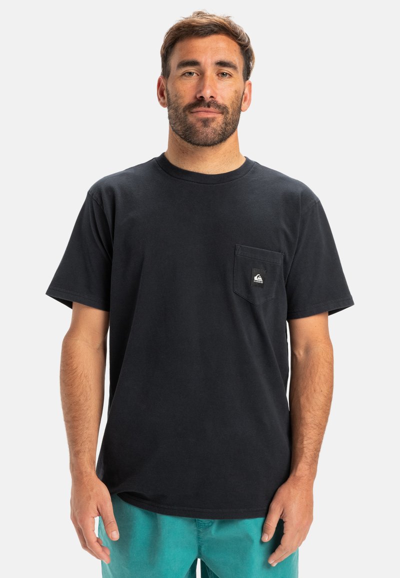 Black cotton t-shirt with short sleeves and a chest pocket; features a small logo on the pocket and a classic crew neck design.