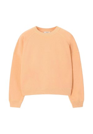 Sweat-shirt à col rond à manches longues de couleur orange clair avec poignets et ourlet côtelés, présenté sur fond blanc.