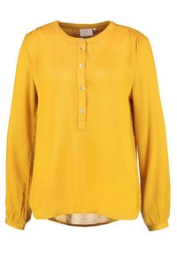 Blouse jaune à manches longues avec un col rond, des boutons à l'avant et des poignets froncés. Fabriquée en tissu léger et texturé.