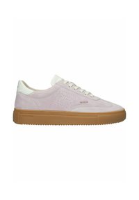 Light pink suede sneaker with cream accents, flat laces, and a gum rubber sole. Features perforated detailing and embossed branding.
