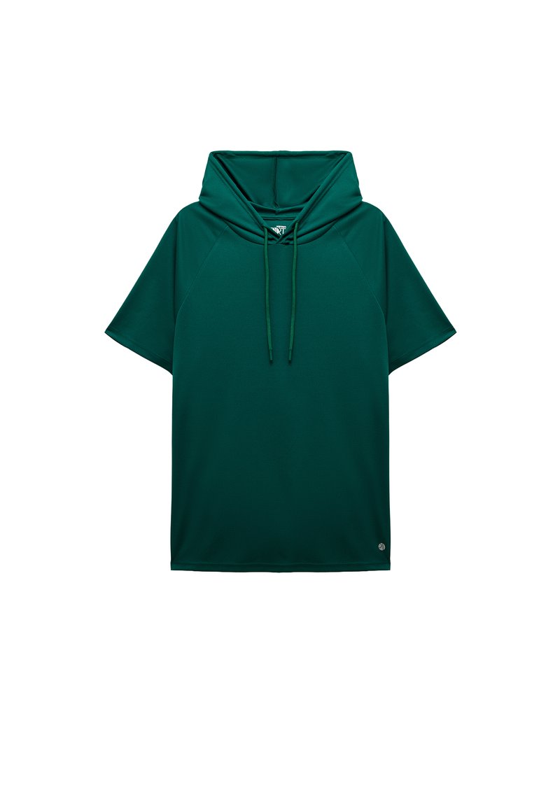 Zielona, oversize bluza z krótkim rękawem, wykonana z gładkiego, lekkiego materiału. Posiada sznurek przy szyi oraz zaokrąglony dół.