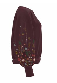 Felpa bordeaux con maniche lunghe, caratterizzata da ricami floreali in vari colori lungo le maniche. Tessuto morbido, polsini a costine.
