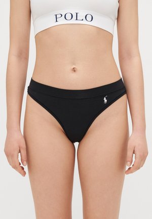 Black cotton bikini briefs with a smooth texture, high-cut leg openings, and a small white logo accent on the left side.