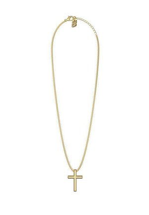 Gold chain necklace with a simple gold cross pendant and a small heart-shaped clasp with a charm.