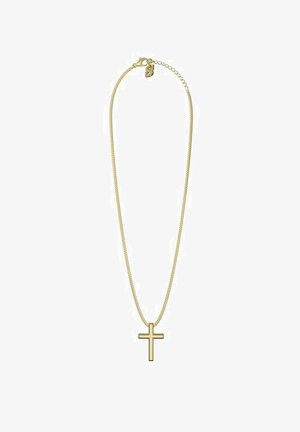 Gold chain necklace with a simple gold cross pendant and a small heart-shaped clasp with a charm.