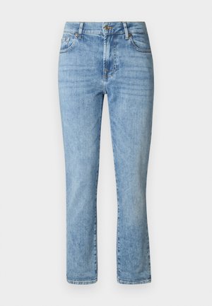 Light blue denim jeans with a straight-leg cut, five pockets, and a front button closure. Features subtle whiskering and stitching accents.