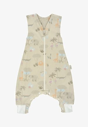 Beige sleep sack featuring animal patterns, including giraffes and elephants. Front zip closure and snaps at the bottom. Soft fabric texture.