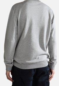 Sweat-shirt gris avec un col rond et des poignets côtelés, présentant une texture lisse et une coupe décontractée. Le matériau est doux et léger.