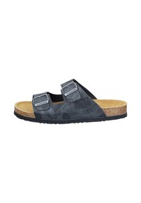 Black sandals with two adjustable straps, textured upper featuring a graphic pattern, cork footbed, and rubber sole.