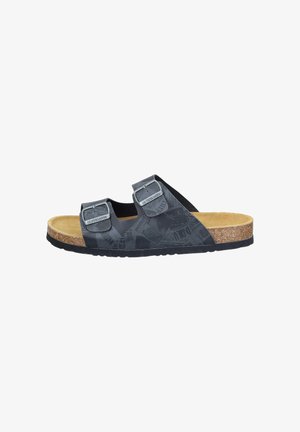 Black sandals with two adjustable straps, textured upper featuring a graphic pattern, cork footbed, and rubber sole.
