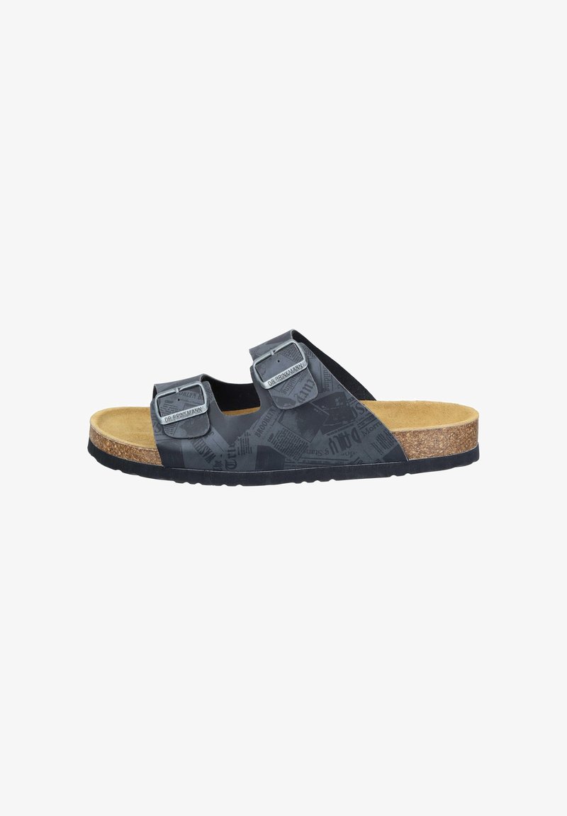 Black sandals with two adjustable straps, textured upper featuring a graphic pattern, cork footbed, and rubber sole.