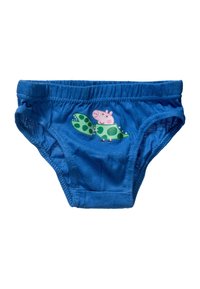 Blå bomuldsboxer med elastisk talje, prydet med et trykt design af en tegneseriegris og en grøn dinosaur med prikker foran.