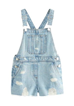 Lyseblå denimoveralls med justerbare stropper, frontlommer og slidte detaljer. Materialet er blødt med en let falmet finish.