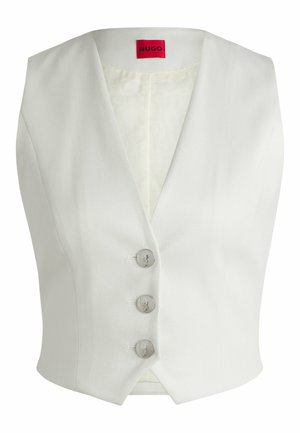White sleeveless vest with a notched collar, front buttons, and smooth texture. Contains a logo tag in red on the inside.