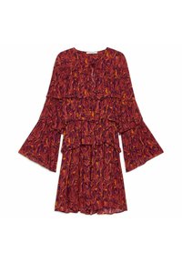 Robe à motifs floraux rouges et orange avec manches longues évasées, volants superposés et encolure ronde. Tissu léger avec une coupe fluide.