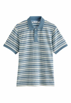 Gestreiftes Poloshirt in Hellblau und Creme, mit kragenförmigem Ausschnitt, drei Knöpfen und strukturierter Stoffqualität sowie kurzen Ärmeln.