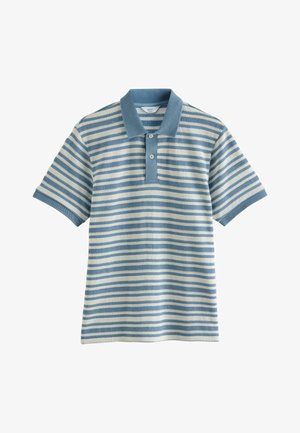 Gestreepte polo in lichtblauw en crème, met een kraag, drie knopen en textuurstof met korte mouwen.