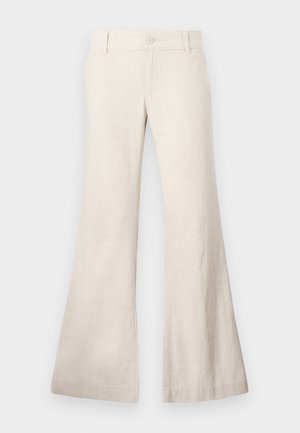 Flared beige trousers made from a lightweight linen blend fabric. Features a front button closure and side pockets. Smooth texture, casual design.