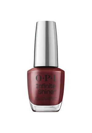 Flacon de vernis à ongles OPI Infinite Shine effet gel en rouge profond avec un bouchon argenté sur fond blanc.