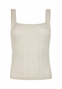 Top in cotone lavorato a maglia avorio con scollatura quadrata e spalline larghe. Presenta un motivo testurizzato e orlo a coste in vita.