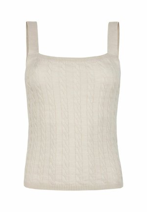 Ivory cable-knit tank top with square neckline and wide straps. Features textured pattern and ribbed hem at the waist.