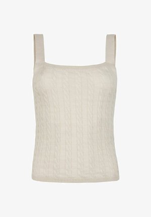Elfenbeinfarbener Stricktanktop mit quadratischem Ausschnitt und breiten Trägern. Mit strukturierter Musterung und gerippter Saum am Bauch.