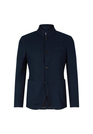 Veste navy avec un col montant, cinq boutons, deux poches avant et une poche poitrine. Fabriquée en tissu texturé avec une coupe ajustée.
