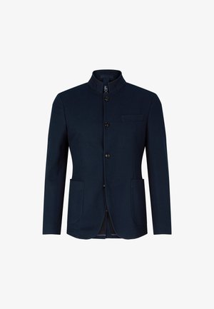 Veste navy avec un col montant, cinq boutons, deux poches avant et une poche poitrine. Fabriquée en tissu texturé avec une coupe ajustée.