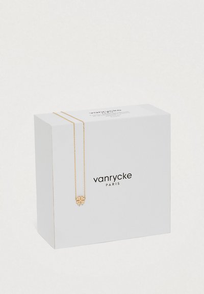 Pandantiv de aur în formă de fluture pe un lanț delicat, expus pe o cutie albă cu text negru care etichetează brandul "vanrycke" și locația "PARIS."