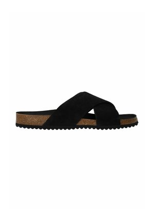 Czarna sandałka typu slip-on z paskami zamszowymi w kształcie krzyża, korkową wkładką i czarną, rowkowaną podeszwą.