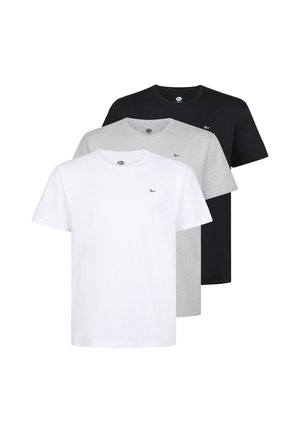 Three plain short-sleeve t-shirts layered front to back in white, light gray, and black with small chest logos.