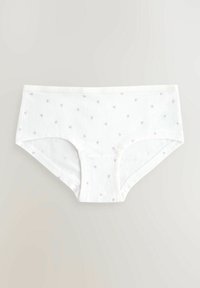 Witte katoenen boyshorts met kleine roze hartjespatronen, voorzien van een zachte elastische tailleband en naadloze randen voor comfort.
