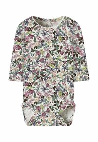 Bloemige romper met lange mouwen, met een crèmekleurige achtergrond en multikleuren bloemen- en bladerenpatronen. Drukknoopsluiting aan de onderkant.