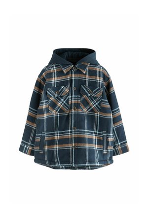 Marineblå og brun ternet jakke med knapper, to knap-lommer på brystet, sidelommer og en mørk hætte fastgjort.