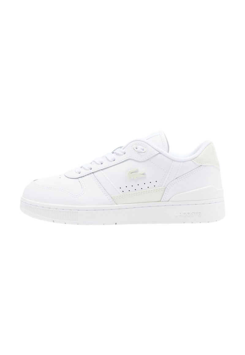White low-top sneaker with perforated side panel, lace-up closure, minor beige accents, and a small crocodile logo on the side.