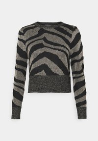 Pull en maille métallique noir et or avec un motif à rayures zébrées, col rond, manches longues et coupe courte. Finition texturée sur le tissu.